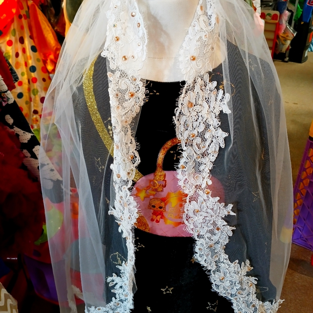 Lace Trim White Veil with Pearl Accents